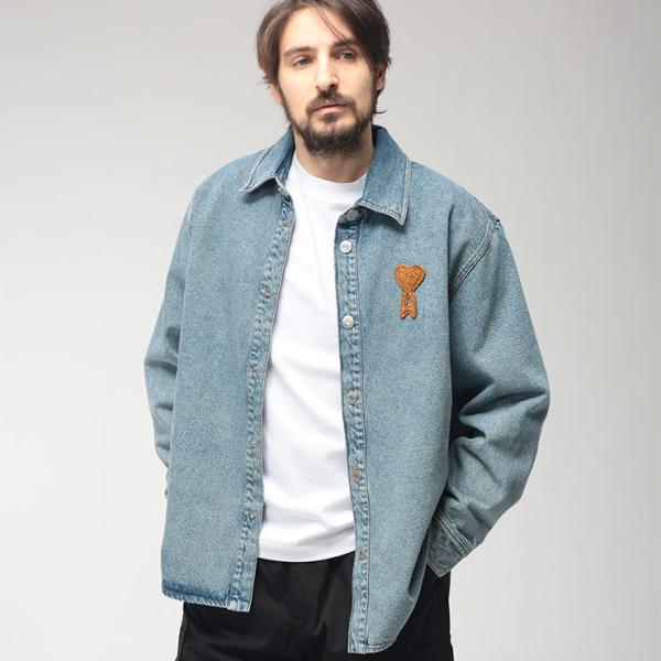 アミパリス AMI PARIS メンズ デニムジャケット 胸ロゴ ウォッシュドデニム シャツジャケッ...