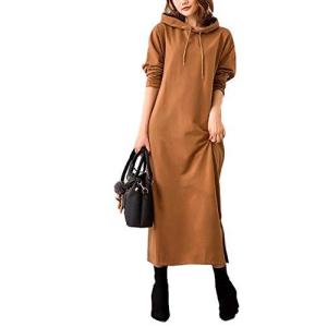 [1/2style(ニブンノイチスタイル)] 大人 可愛い 長袖 起毛 なし パーカー レトロ ワンピース レディース (キャメル, XXL)