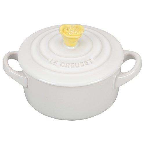 Le Creuset ホワイトストーンウェア 8オンス ミニラウンドココットとソレイユフラワーノブ付...