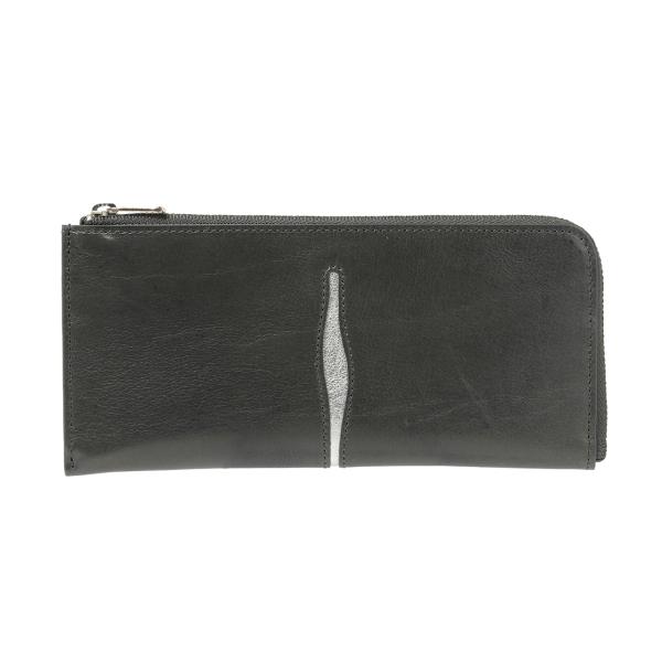 バッファローレザー L字ファスナー 切れ込みデザイン スリム 長財布 （グレー）切れ込み シルバー