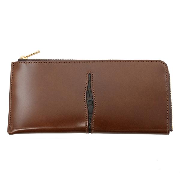 コードバン 薄くて軽い L字ファスナー 切れ込みデザイン 長財布 （ブラウン/チョコ）型番1029