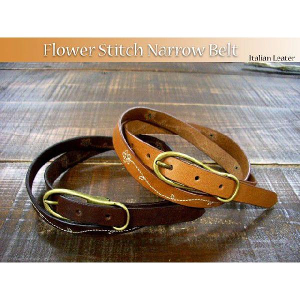 レディースベルト レザーベルトフラワーステッチナローベルト ウェスタンベルト日本製
