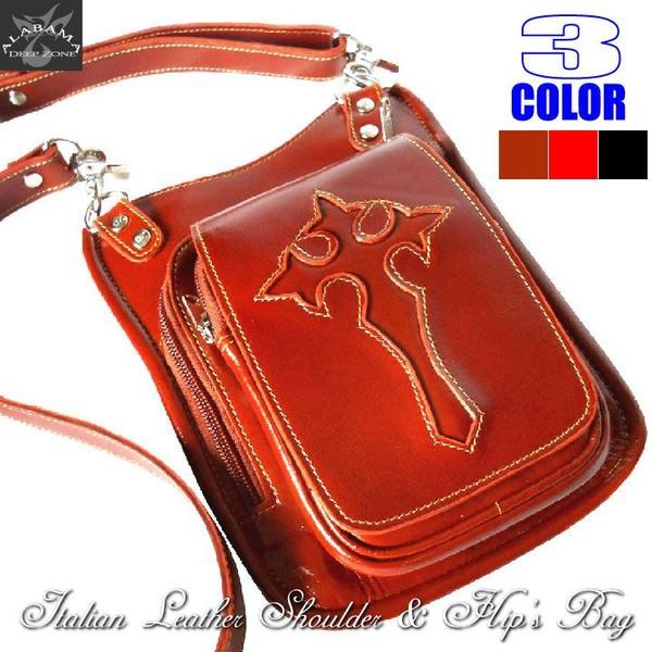 ショルダーバッグ ウエストバッグ 革 ディープゾーン メンズイタリアンレザークロスモチーフのショルダ...