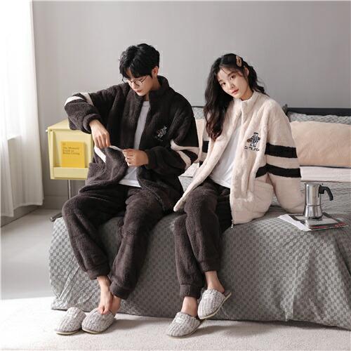 ペアペアパジャマモコモコパジャマ冬もこもこカップルペアルームウェアセット前開き長袖メンズペアパジャマ