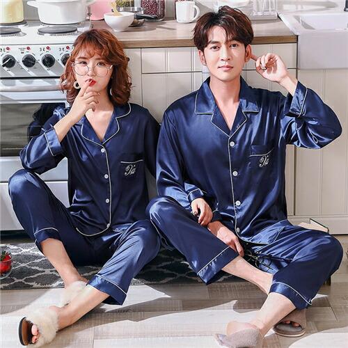 ペアルームウェア合成シルク送料無料ナイトウェアパジャマ長袖ペアパジャマカップルパジャマカップルパジャ...