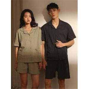 ペア外出レディースパジャマ半袖夏綿100%グリーングレー前開きメンズルームウェアペアパジャマギフト