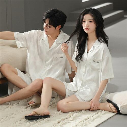 ペアメンズパジャマパジャマ合成シルク半袖男女2着セット夏レディース高級サテン結婚祝いプレゼント