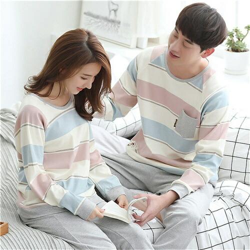 ペアパジャマレディース長袖冬ワンピースカップルペアルームウェア上下セットペアパジャマペアスウェット