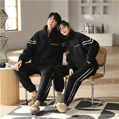 ペアパジャマモコモコメンズ冬もこもこカップルペアルームウェアセット前開き長袖ペアパジャマペアパジャマ...