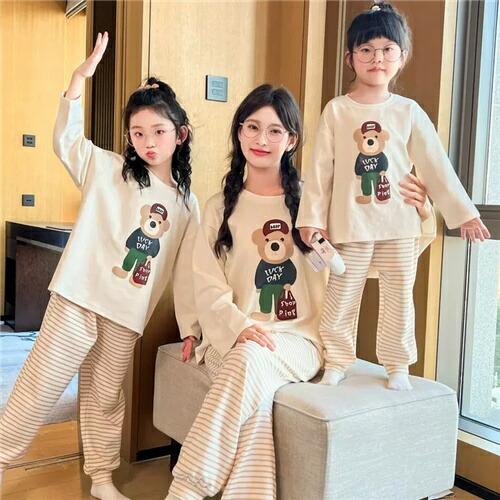 親子ペアルームウェアママパジャマ親子ペアパジャマ長袖クマ綿100%キッズ春夏秋家族お揃いペアパジャマ