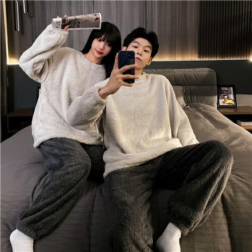 ペアパジャマメンズペアパジャマ冬もこもこカップルペアルームウェアセット長袖ペアパジャマモコモコカップ...