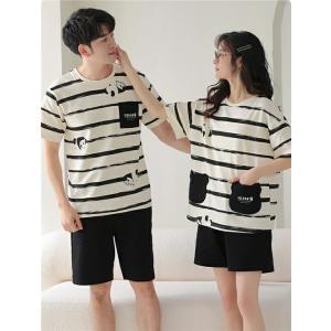 ペア外出レディースパジャマ半袖夏綿100%ベージュ黒パンダメンズルームウェアペアパジャマギフト