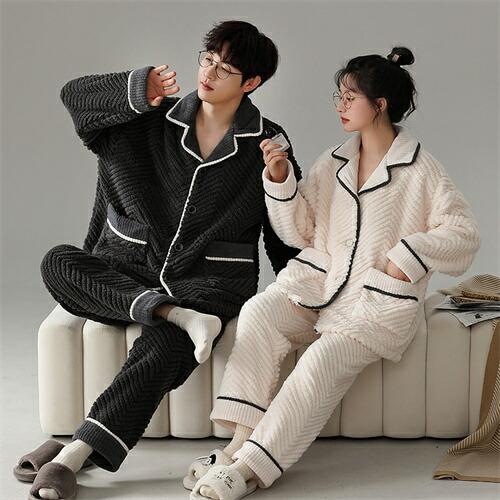 ペアパジャマ前開きペア冬モコモコ男女2着セットカップルペアルームウェアセット長袖パジャマ夫婦