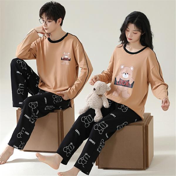ペアカップルペアパジャマ長袖男女2着セット秋冬クマ可愛い通気性ルームウェア結婚祝い