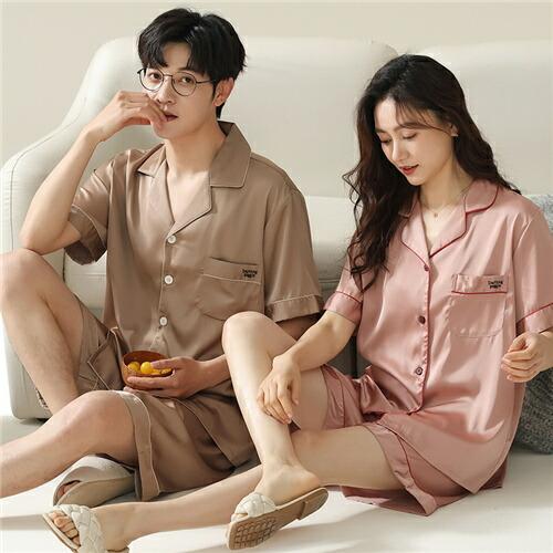 ペアメンズパジャマパジャマ合成シルク半袖男女2着セット夏レディース高級サテン結婚祝いプレゼント