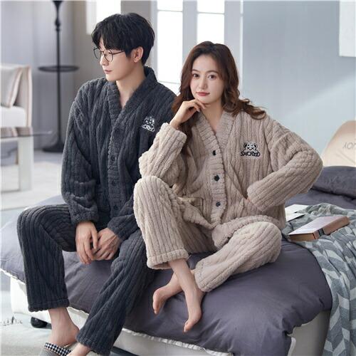 ペアペアパジャマモコモコパジャマ冬もこもこカップルペアルームウェアセット前開き長袖メンズペアパジャマ