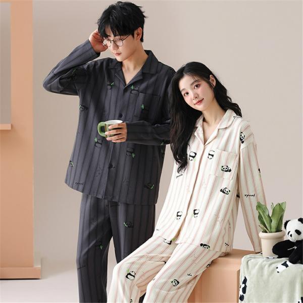 ペアシンプルカップルパジャマ長袖男女2着セット秋冬前開きストライプパンダペアルームウェア