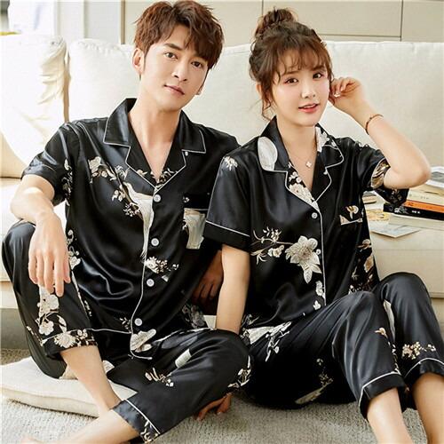 洗えるパジャマペア合成シルクパジャマレディースメンズパジャマ夏ペアパジャマシルクカップルペアルック
