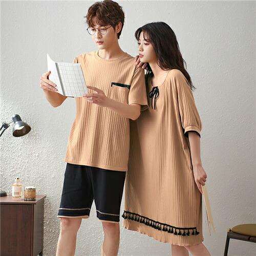 ペアパジャマギフトパジャマ半袖春夏レディースワンピースパジャマメンズ綿100%ペアカップルペア