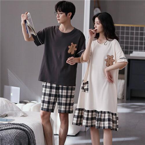 【男女2着セットの価格】ペアペアパジャマギフトパジャマ半袖夏綿100%メンズルームウェアワンピース外...