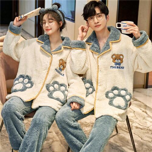 ペアパジャマモコモコメンズ冬もこもこカップルペアルームウェアセット前開き長袖ペアパジャマペアパジャマ...