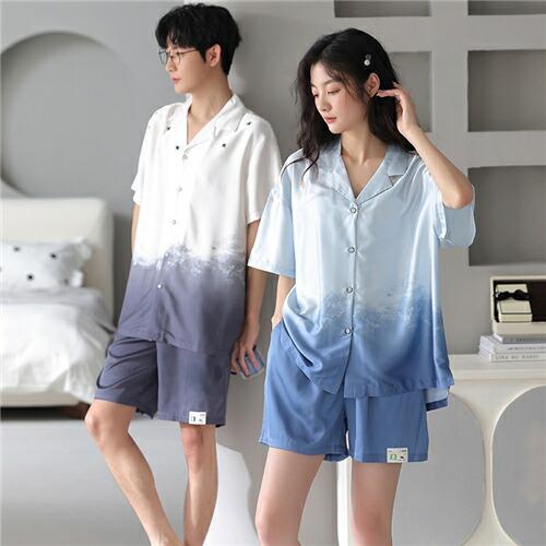 ペアサテンメンズパジャマシルク半袖夏白ブルーレディースパジャマ高級パジャマ結婚祝い