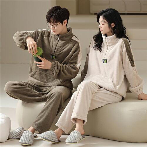ペアパジャマパジャマ夫婦冬モコモコ男女2着セットカップルペアルームウェア長袖ペアもこもこメンズ
