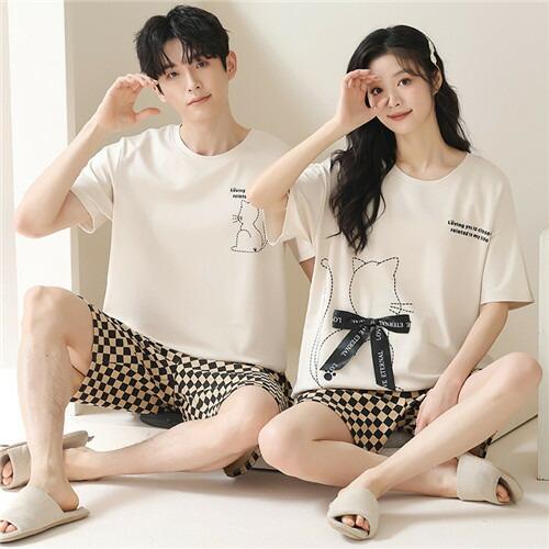 ペアレディース綿100%パジャマ半袖夏男女2着セットメンズルームウェアパジャマ春夏ペアパジャマギフト