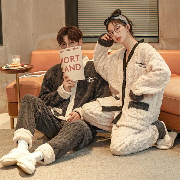 ペアパジャマカップルペア冬モコモコ男女2着セット前開き長袖Vネックファッション高級ルームウェアレディ...