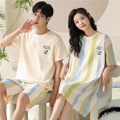 ペアレディースワンピースパジャマ半袖夏男女2着セットメンズルームウェアパジャマ春夏綿100%ペアパジ...