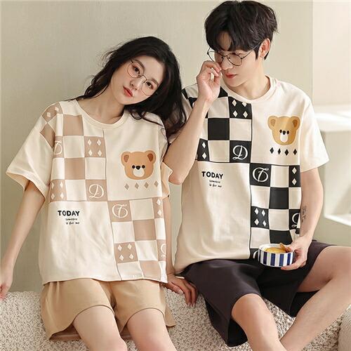 ペアギフトおしゃれパジャマ半袖夏レディースパジャマメンズ綿100%ペアパジャマカップルペア