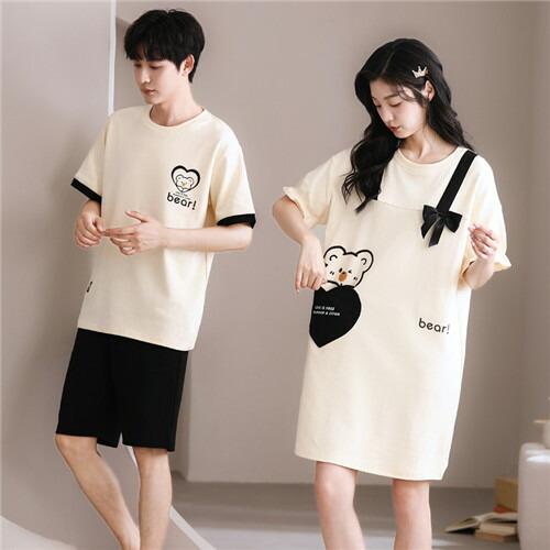 ペアレディースワンピースパジャマ半袖夏男女2着セットメンズルームウェアパジャマ春夏綿100%ペアパジ...