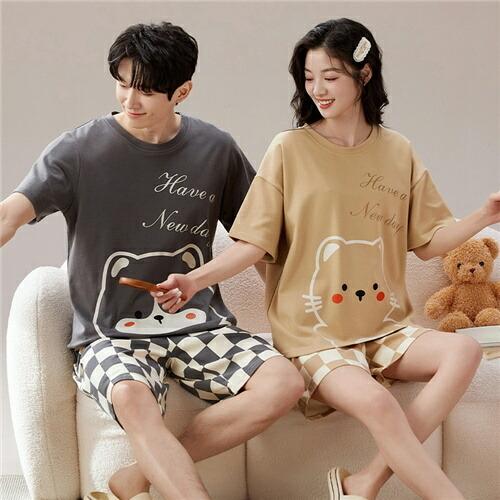 ペアレディース綿パジャマ半袖夏男女2着セットメンズルームウェアパジャマ春夏ペアパジャマギフト