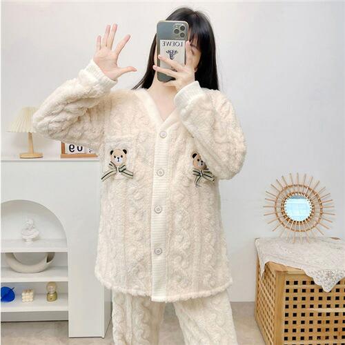 マタニティウエスト調節パジャマパジャマ冬モコモコ前開き長袖マタニティルームウェア授乳口付き上下セット...