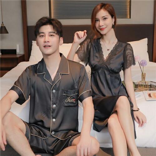 ペア高級サテンパジャマシルク半袖夏黒灰色レディースワンピースパジャマメンズパジャマ
