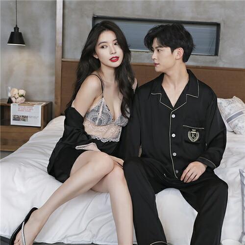 洗えるパジャマ長袖合成シルクパジャマレディース高級サテンパジャマペアメンズ夏結婚祝い