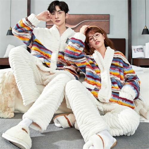 ペアパジャマ前開きペア冬モコモコ男女2着セットカップルペアルームウェアセット長袖パジャマ夫婦