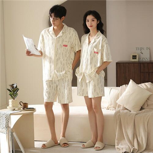 ペア春夏レディースパジャマ半袖夏男女2着セットメンズ前開きルームウェアパジャマペアパジャマギフト