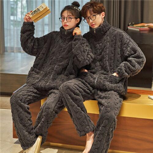 ペアペアパジャマモコモコパジャマ冬もこもこカップルペアルームウェアセット前開き長袖メンズペアパジャマ
