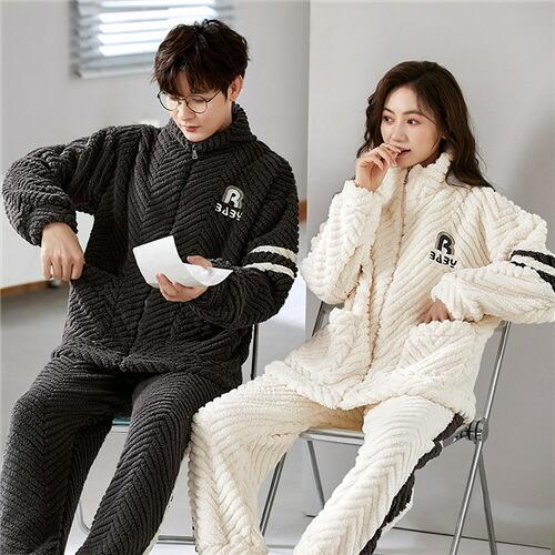 ペアパジャマパジャマ夫婦冬モコモコカップルペアルームウェアセット長袖前開きペアもこもこメンズ