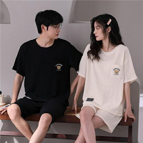 ペアレディース綿パジャマ半袖夏ベージュブラッククマメンズルームウェア外出ペアパジャマギフト