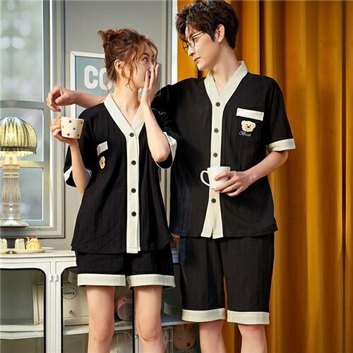 【男女2着セットの価格】ペアペアパジャマギフトパジャマ半袖夏前開きメンズルームウェア外出レディース綿...