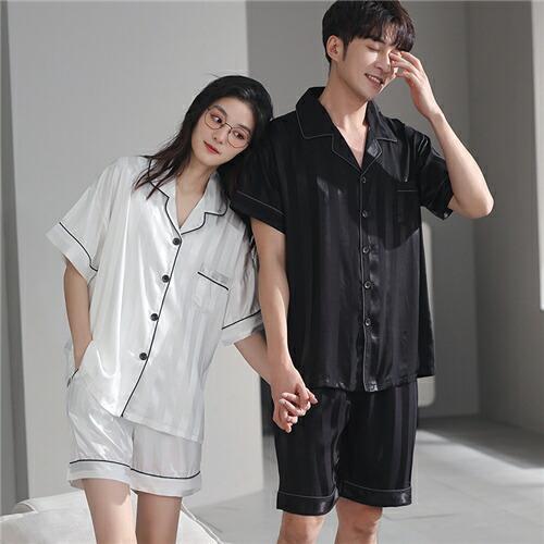 洗えるパジャマ半袖合成シルクパジャマレディース高級サテンパジャマペアメンズ夏ペアパジャマ