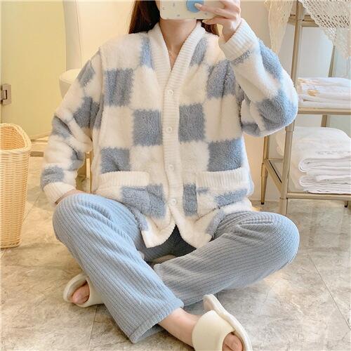 マタニティウエスト調節パジャマパジャマ冬モコモコ前開き長袖マタニティルームウェア授乳口付き上下セット...