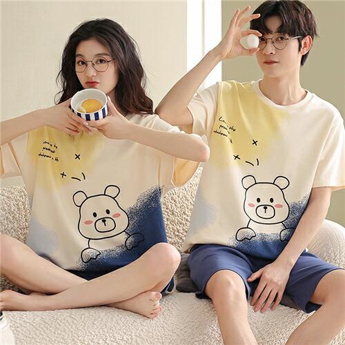 ペアギフトおしゃれパジャマ半袖夏レディースパジャマメンズ綿100%ペアパジャマカップルペア