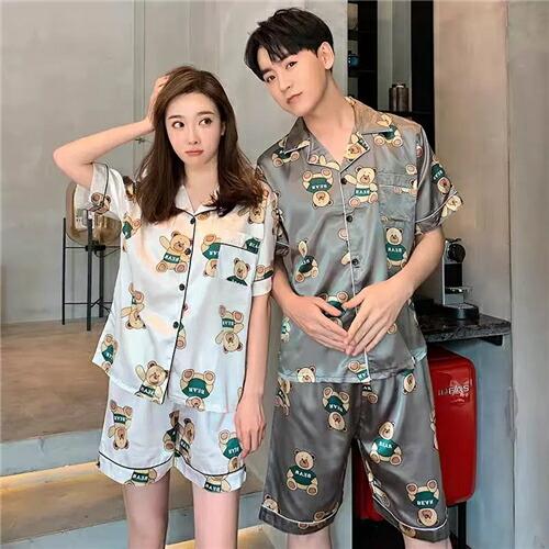 ペア高級サテンパジャマシルク半袖夏白灰色クマレディースパジャマメンズパジャマ