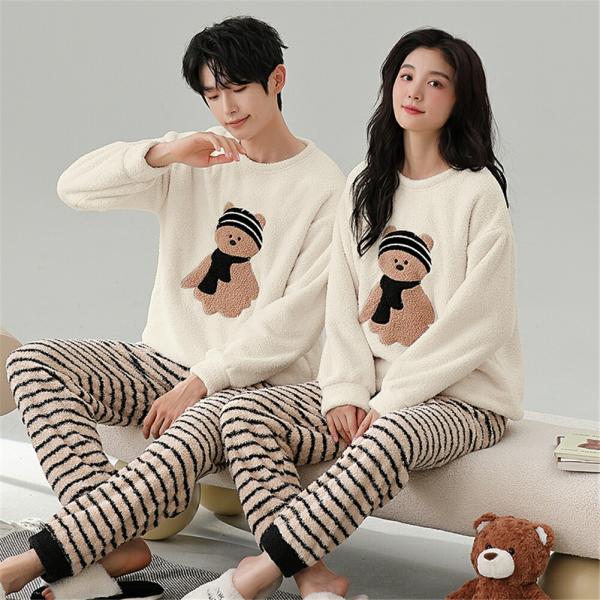 ペアパジャマペアルームウェア冬モコモコ男女2着セット長袖クマ可愛いボーダーカップルペアパジャマ