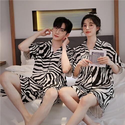 ペア春夏レディースパジャマ半袖夏男女2着セットメンズルームウェアパジャマ前開き綿ペアパジャマ