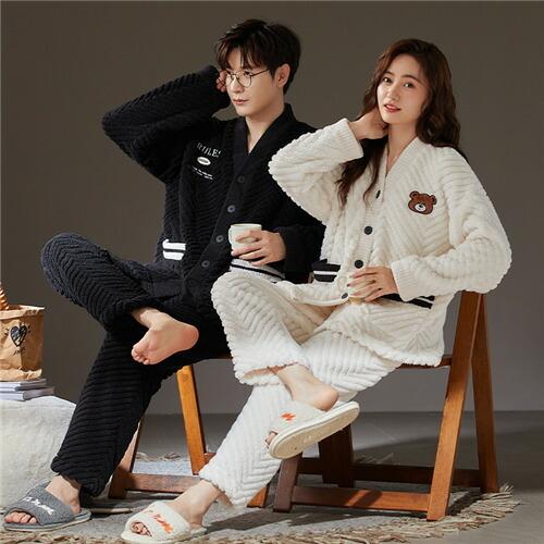 ペアパジャマ前開きペア冬モコモコ男女2着セットカップルペアルームウェアセット長袖パジャマ夫婦