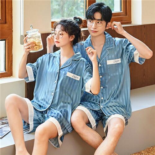 洗えるパジャマ半袖合成シルクパジャマレディース高級サテンパジャマペアメンズ夏ペアパジャマ